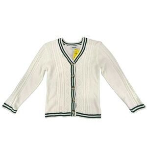 RSQ Cream Cable Knit Varsity Cardigan Sweater V-Neck Green Stripe Size M NWT‎